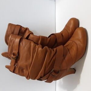 Steve Madden leather mid calf boots women 8M chunky heels brown festival rodeo